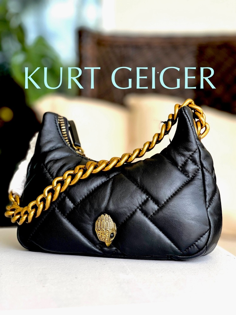 Kurt Geiger Kensington Small Quilted Hobo on Chain Black NWT